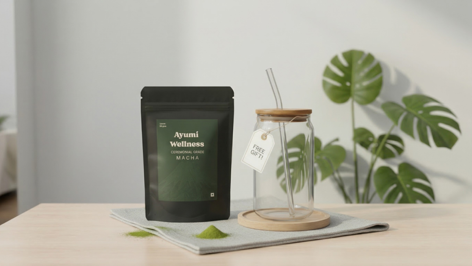 Ayumi Wellness product packaging on a table with a plant in the background